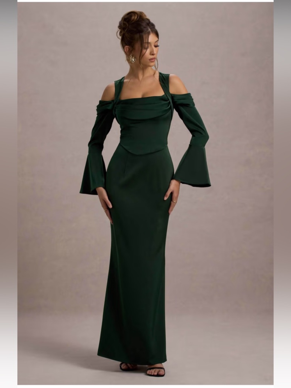 Club L London Heartthrob Green Satin Draped Bardot Maxi Dress Size UK 8/ US 4